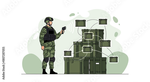 Modern military logistics: a soldier using technology to track networked supply crates for