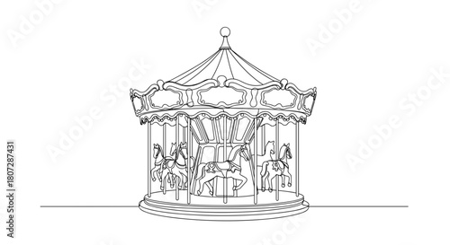 Carousel with horses in outline style on white background  