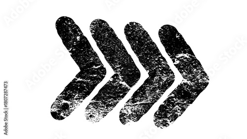 Four black grunge textured chevron arrows pointing right on a white background.