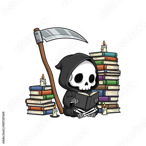 Cartoon grim reaper reading book with scythe