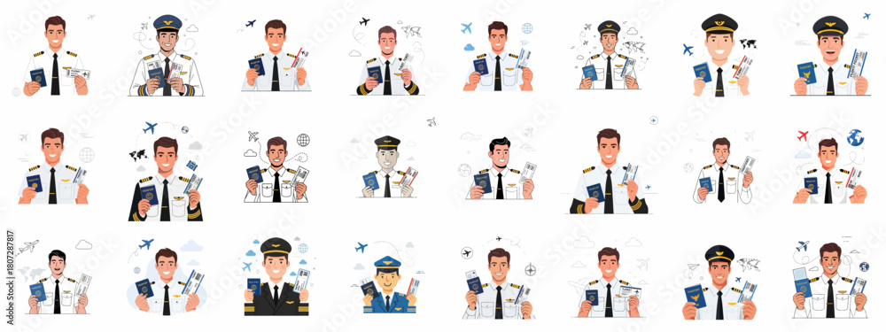 Naklejka premium Smiling Airline Pilot Avatar Collection Holding Passport and Flight Ticket, Ready for International Air Travel.