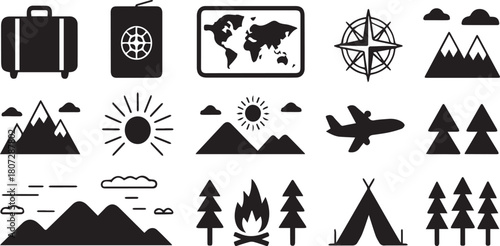 Black silhouette icons of suitcase passport map compass mountains airplane trees campfire tent