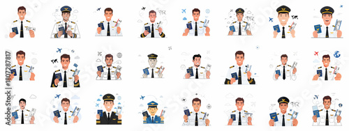 Smiling Airline Pilot Avatar Collection Holding Passport and Flight Ticket, Ready for International Air Travel.