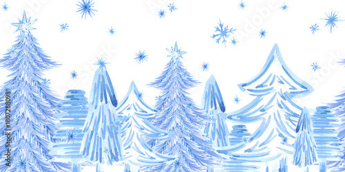 Hand drawn watercolor blue monochrome Christmas snowy trees seamless border. Illustration isolated on white background. Can be used for postcard textile label and other printed products.