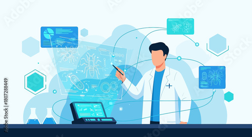 Scientist analyzing digital data for scientific research and development purposes in laboratory