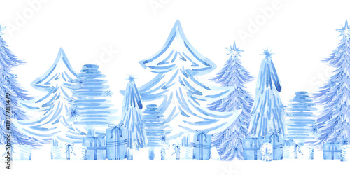 Hand drawn watercolor blue monochrome winter forest trees and presents seamless border. Illustration isolated on white background. Can be used for postcard textile label and other printed products.