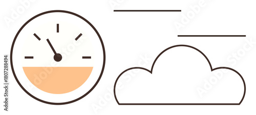 Speedometer with needle indicator and cloud outline. Ideal for concepts thumbs up speed, connectivity, technology, internet, cloud storage, data transfer, progress. Simple flat metaphor