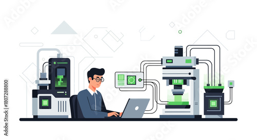 Scientist conducting research with sophisticated equipment in a laboratory setting with laptop