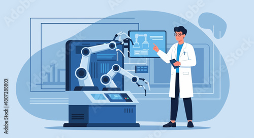 Scientist conducting robotic arms laboratory testing for manufacturing advancement technology