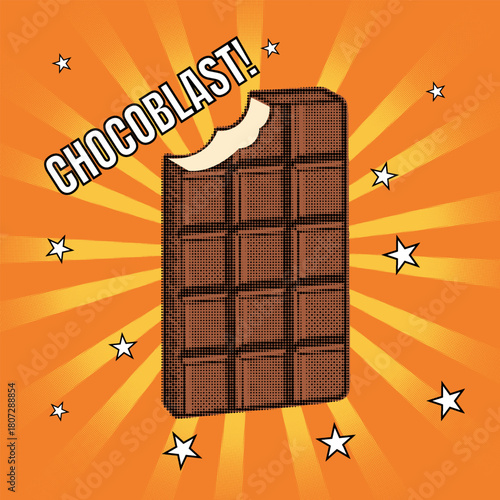 A bitten chocolate bar in a retro pop art comic style with a halftone effect on an orange sunburst background, vector illustration