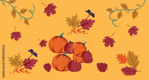 Seamless autumn leaves pattern with pumpkins for seasonal fall design