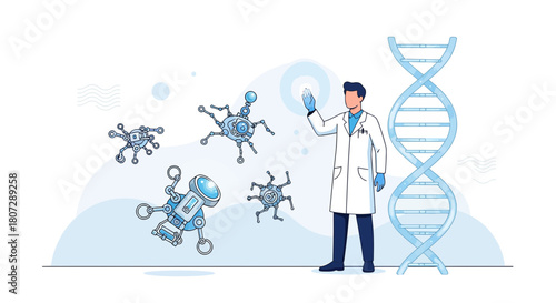 Scientist interacting with futuristic nanobots and a DNA strand in a laboratory setting