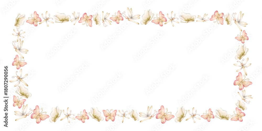 Obraz premium Cute Butterfly Dragonfly Insects Frame. Watercolor hand painted summer pastel neutral isolated illustration on white background for nursery kids baby shower card logo label whimsical mystery princess