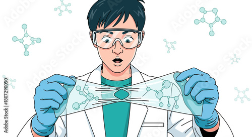 Scientist's discovery: Astonished researcher examining innovative material with molecular diagrams