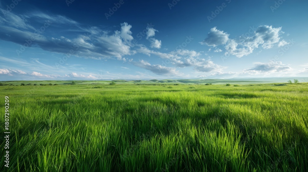 Obraz premium Vast green meadow under blue sky with fluffy clouds in summer