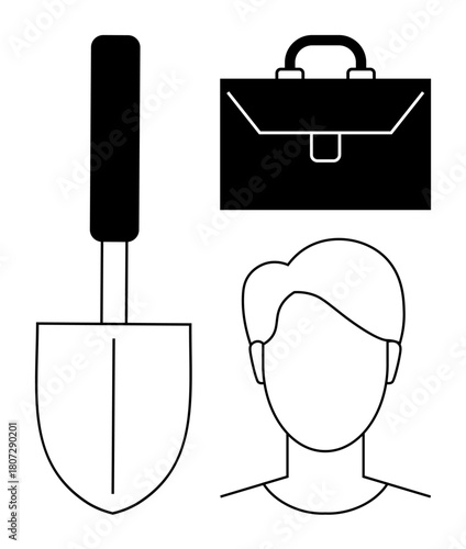 Simplified shovel, briefcase, and human bust outline emphasize work-life balance, labor, and personal identity. Ideal for career growth, effort, entrepreneurship, time management choices balance
