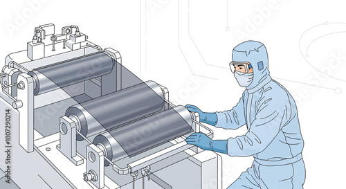 Sophisticated manufacturing environment featuring a professional in protective attire working with