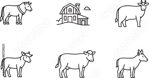 Farm animals and rural building outline icon set representing agricultural life