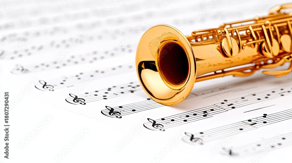 Naklejka premium Golden saxophone resting elegantly on sheet music harmonizes with artistic creativity in a pristine white setting