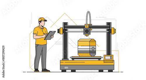 Technician overseeing 3D printing process in factory setting for industrial manufacturing