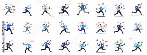 Set of vector illustrations featuring urgent running journalists and reporters chasing breaking news stories with microphones and recorders.