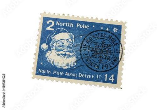 distressed, indigo vintage postal stamp with a stylized smiling santa claus portrait and black snowflake postmark, extreme macro close-up showcasing aged texture, concept of holiday nostalgia and