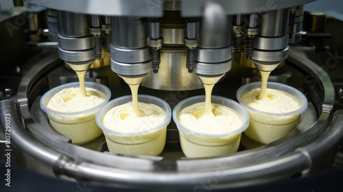 Creamy mixture being dispensed into clear plastic containers using an industrial filling machine for food production