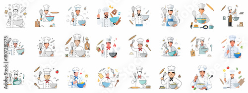 Large vector collection of professional male chefs and bakers preparing food, mixing ingredients with whisks and bowls, representing cooking expertise.