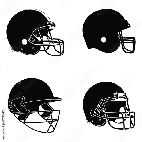 Four black silhouettes of american football helmets on a white background