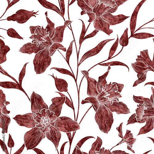 seamless pattern with flowers watercolor textured dark red beautiful elegant arrangement bouquet background