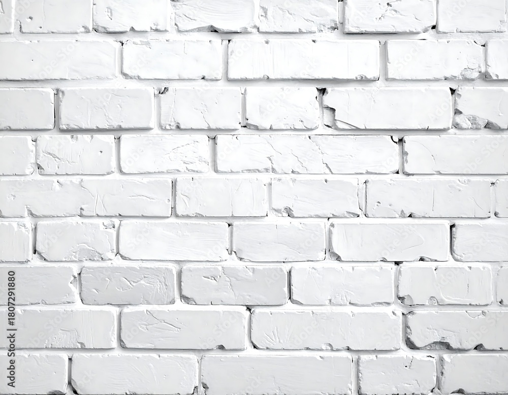 Fototapeta premium Close-up of a painted, weathered brick wall, showcasing a repeating pattern and subtle texture. The white paint reveals imperfections
