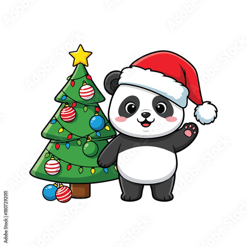 Cute panda wearing santa hat with christmas tree 