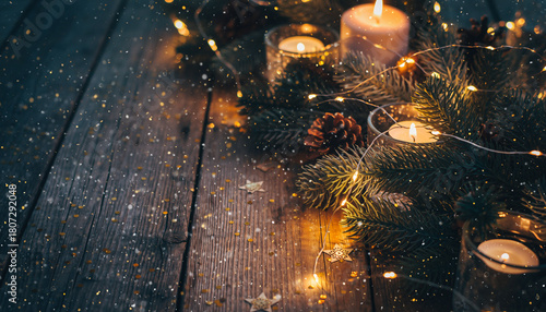 Cozy Christmas Ambiance - Candles, Lights, and Evergreen on Rustic Wood.
