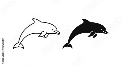 Dolphin illustration in black and white, simple line drawing of a sea mammal.