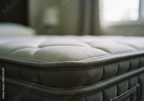 Close-up of a comfortable bed mattress corner in a bedroom.