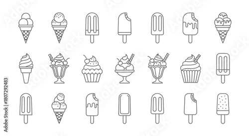 A collection of various ice cream icons presented in a simple black and white outline style.