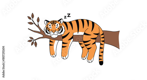 Cartoon tiger sleeping on a tree branch with Zzz's above its head.
