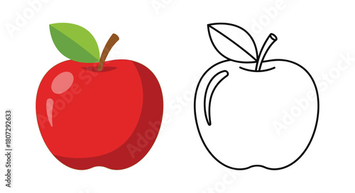 A red apple with a green leaf shown in full color and as a black and white outline for coloring.