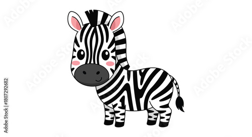 A charming cartoon baby zebra with black and white stripes standing on a plain background.