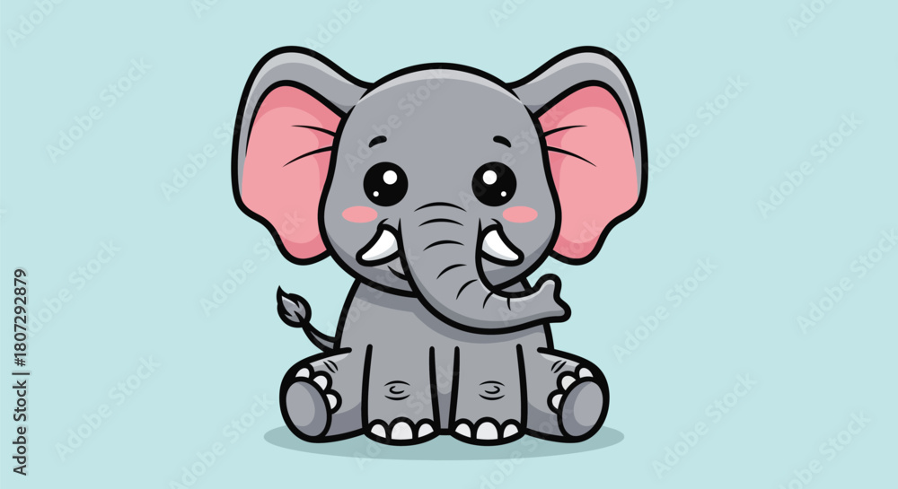 Naklejka premium Cute Baby Elephant Sitting with Big Eyes Cartoon Illustration