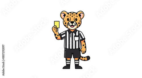 Cute Leopard Mascot as Soccer Referee Showing Yellow Card Cartoon Illustration
