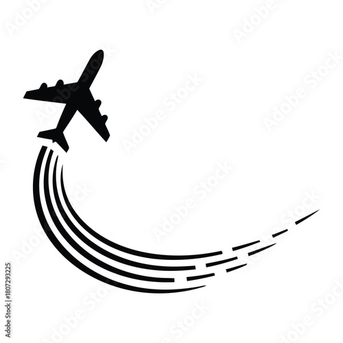 Simple black silhouette of an airplane leaving a curved trail in flight
