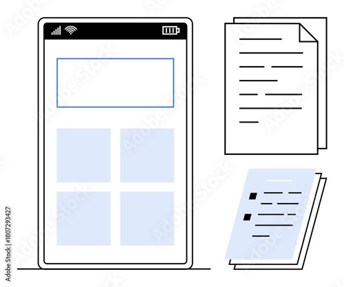 Smartphone interface highlights app layout stacked papers embody paperwork. Ideal for technology, productivity, document organization, communication, file sharing, multitasking, and data analysis