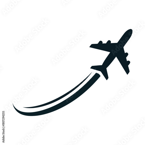 A sleek airplane silhouette taking flight leaving a dynamic trail behind