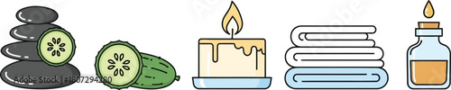 Massage and spa treatments line icon set. Vector pictograms of hot stones, cucumber slices, candle, towel stack, essential oils, thin linear illustration.