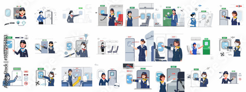 Comprehensive vector illustration set of airline cabin crew demonstrating emergency exits and essential in-flight safety procedures.
