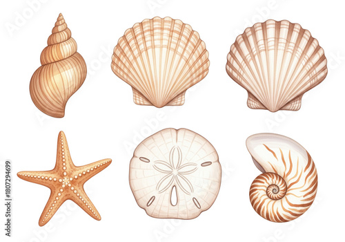 A Collection of Colorful Sea Shells and Marine Life in Bright Colors