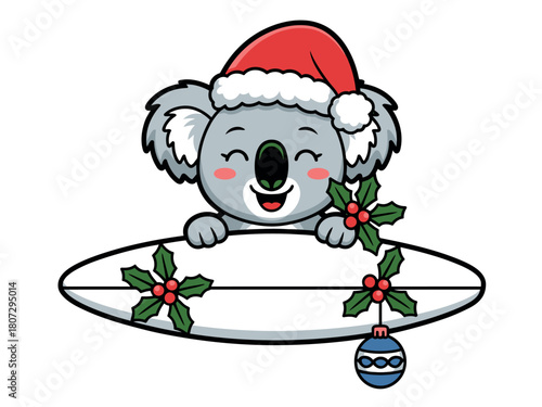 A cute cartoon koala wearing a Santa hat holds a surfboard decorated with holly and a Christmas ornament.