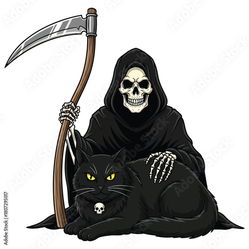 Cartoon grim reaper with black cat isolated on, halloween