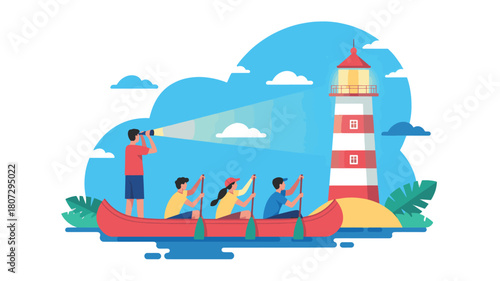 Group of people canoeing near a lighthouse isolated on